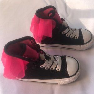 Converse hi top, side zips, pink tulle back, sz 6
